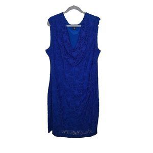 Ralph Lauren Sheath Dress Size 22W Blue Lace Overlay Sleeveless Draped Neckline